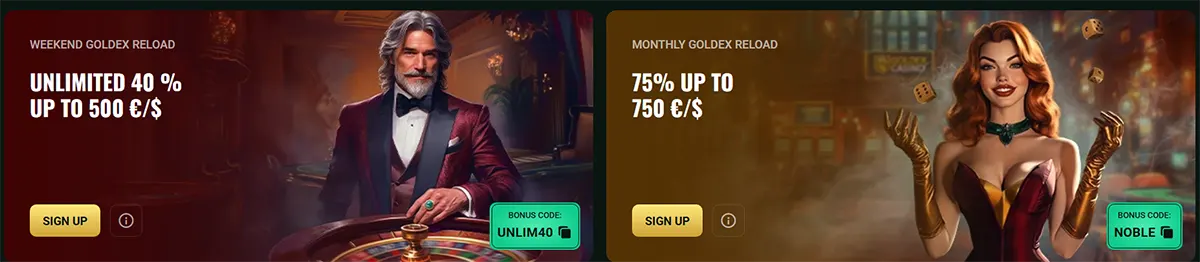 Casino promo banners advertising a weekend reload bonus of up to 500 €/ $ and a monthly reload bonus of up to 750 €/ $, featuring elegant casino characters and sign-up buttons.